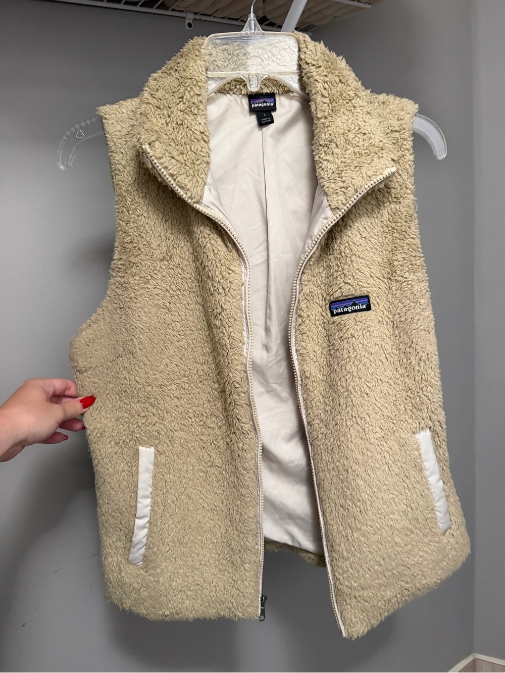 Patagonia Beige Sherpa-Lined Vest with Logo Tag